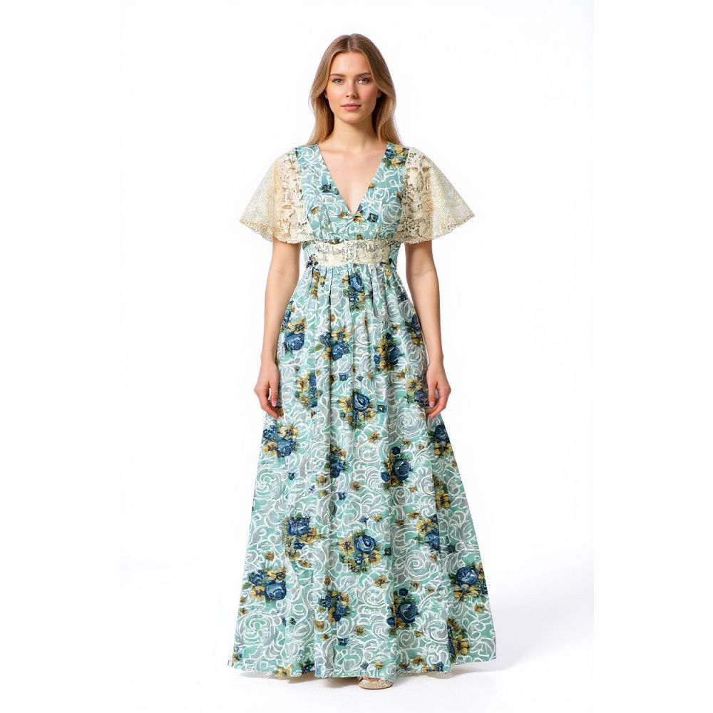 Vintage Made in California Floral Maxi Dress 70s Size 9 Lace Crochet Sleeve